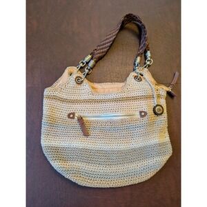 THE SAK "INDIO" Crochet Beige Sand Striped Shoulder Bag Boho Purse Knit ***